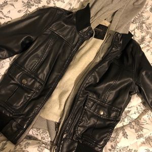 Obey Propaganda leather jacket with grey hoodie